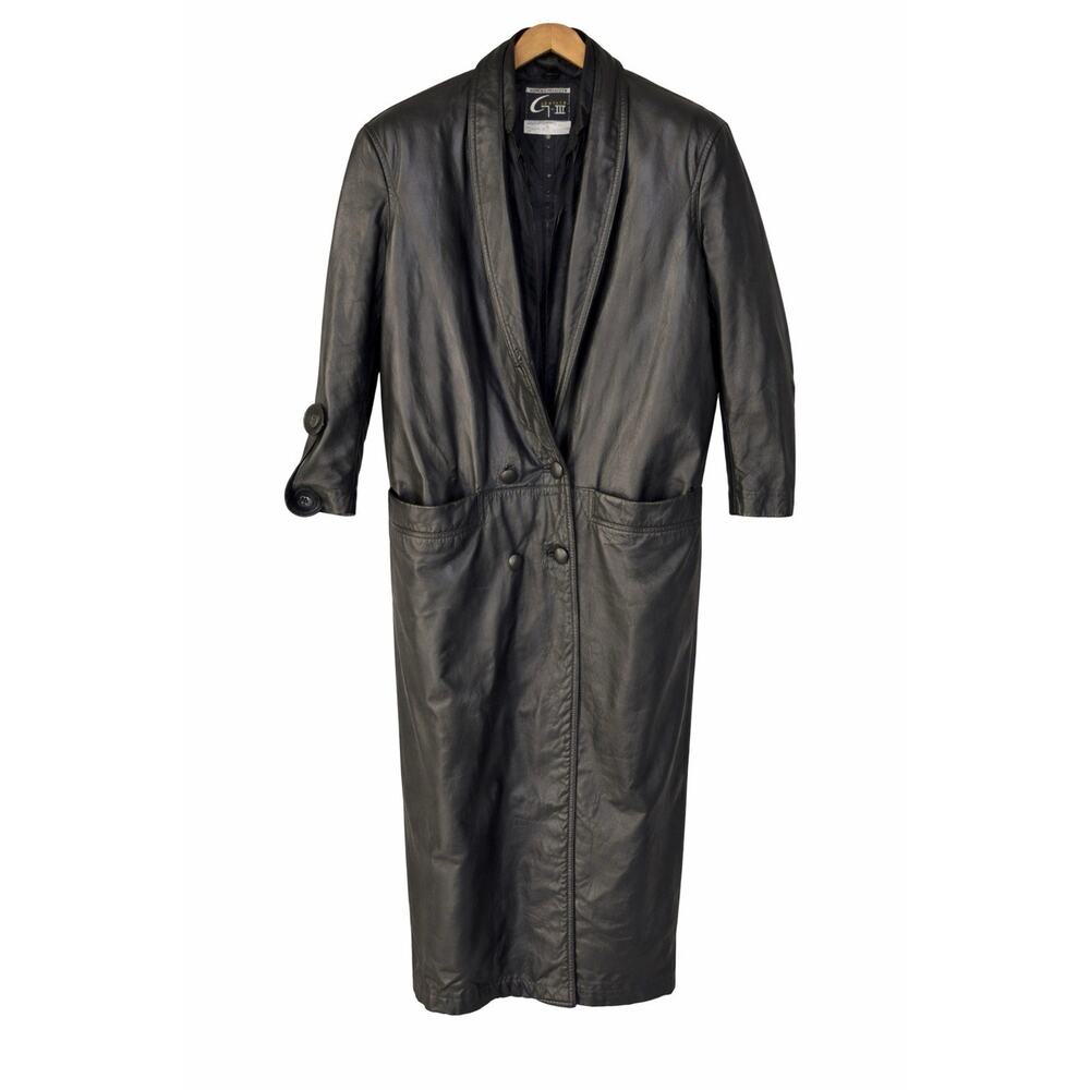 Vintage G-III Double Breasted Black Leather Trench Coat Womens Med Korea Grunge